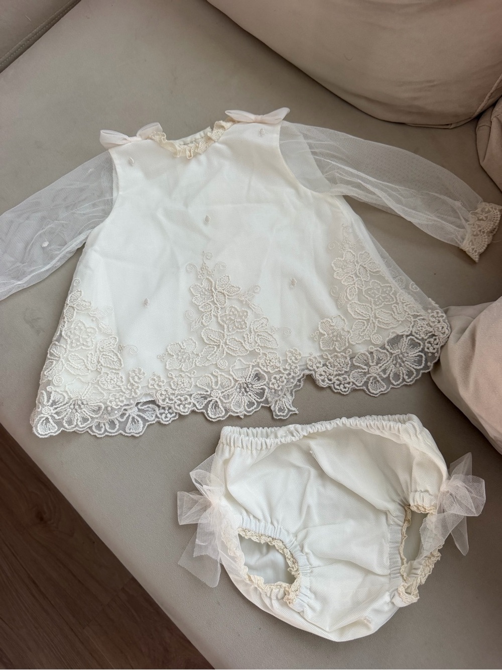 Baby Girls Cream Lace Dress and Bloomers Set